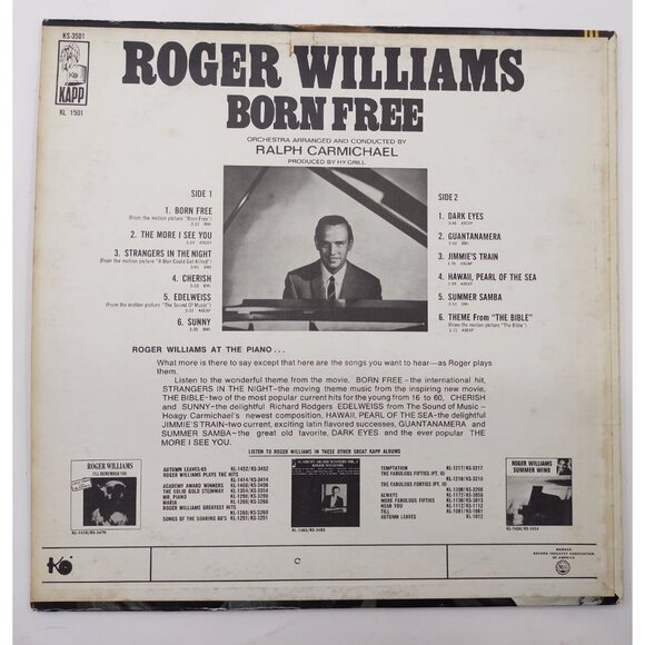 Roger Williams – Born Free LP 1966 Stereo Kapp Records Vintage Vinyl - Picture 3 of 7